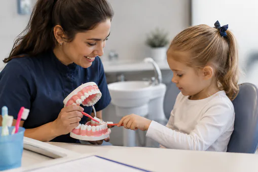 young child at dentist brushing teeth